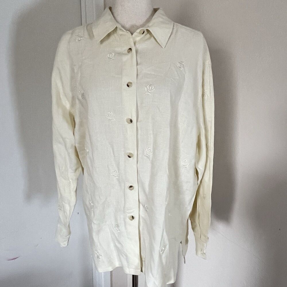 Cambridge Spirit L Linen Embroidered Sz M Casual Shirt Yellow